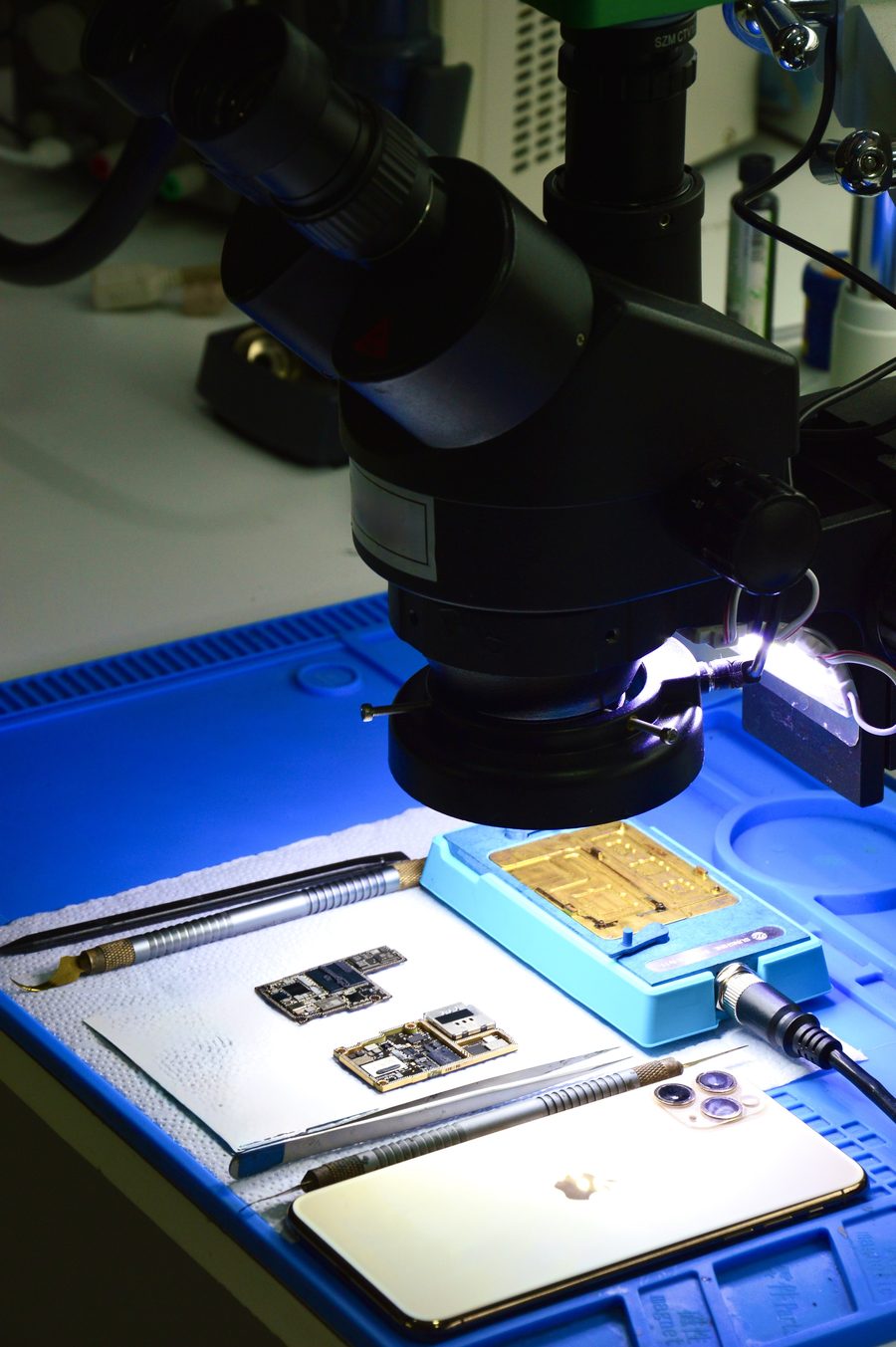 Placas y componentes en el laboratorio bajo microscopio
